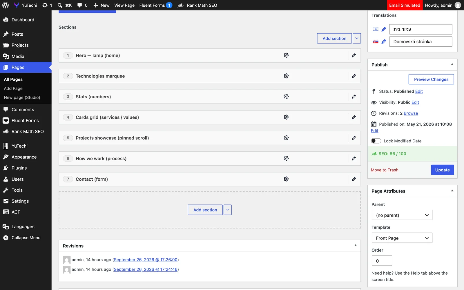ACF Flexible Content field with the sections of a page in the WordPress dashboard