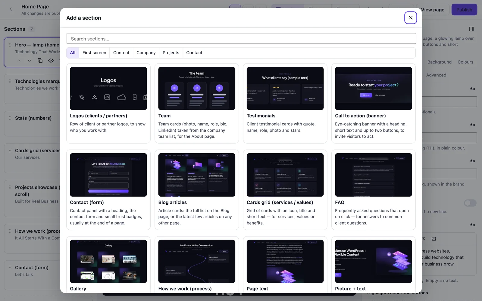 Library of sections with preview pictures in Section Studio