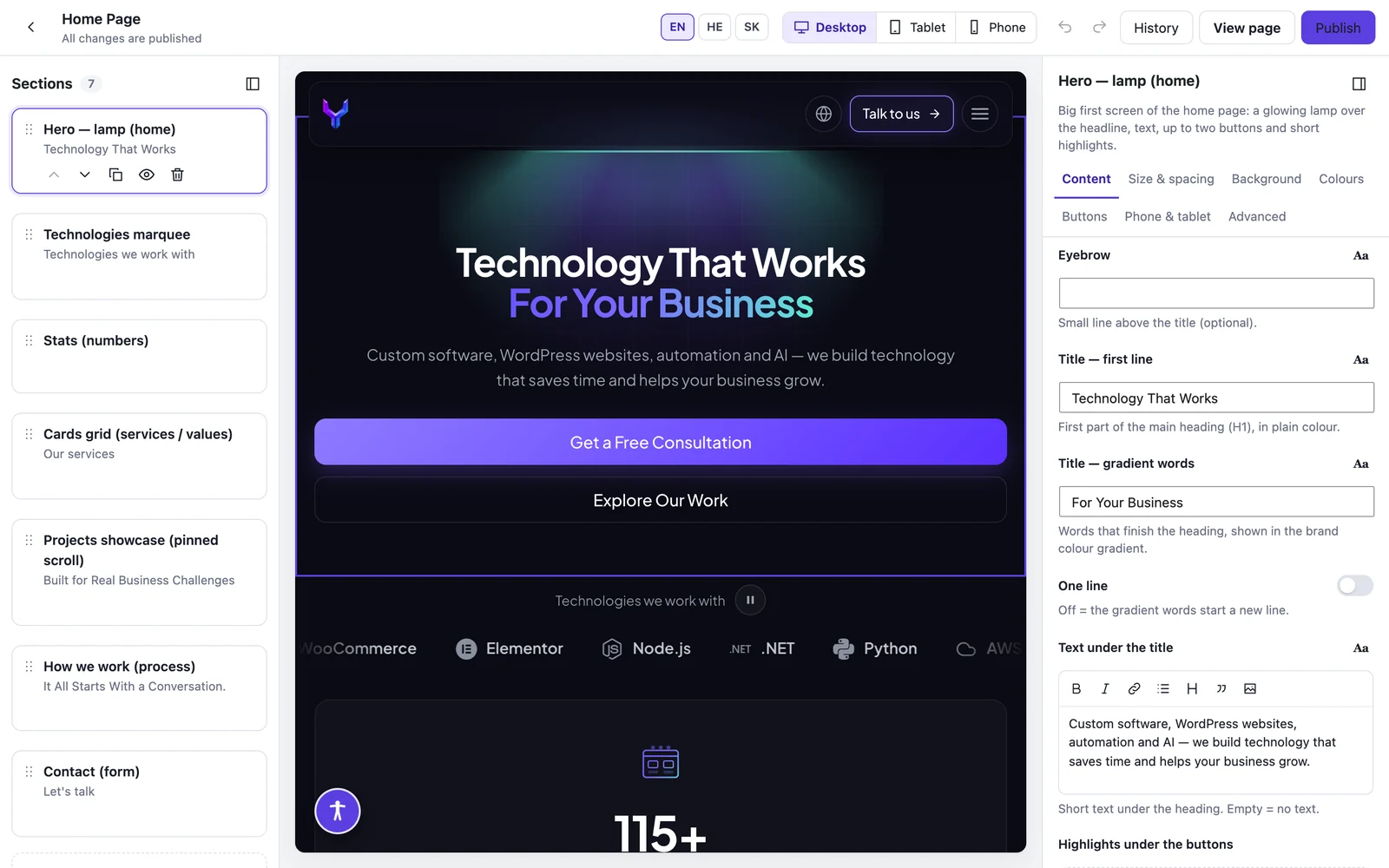 Section Studio editor for a WordPress site built with ACF Flexible Content