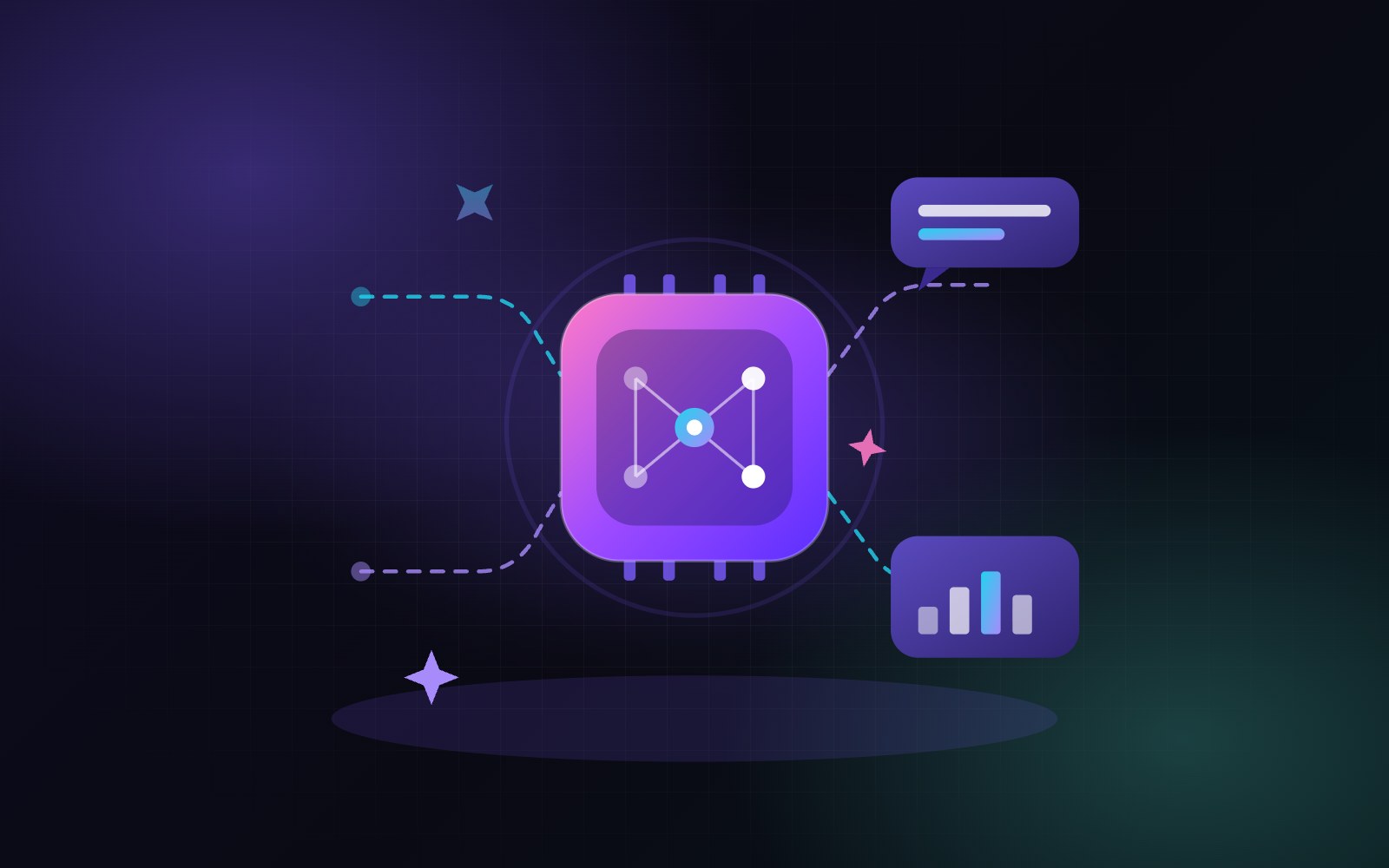 Illustration of AI for business: an AI chip in the centre, linked by dotted lines to a chat message and a bar chart.