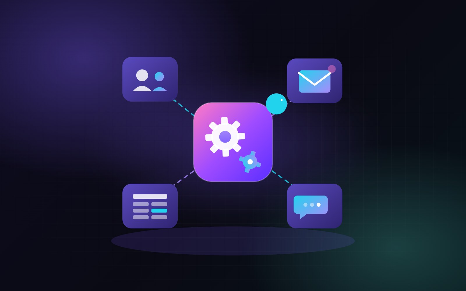 Illustration: gears in the centre connected to icons for contacts, e-mail, a table and chat — business processes working together automatically.