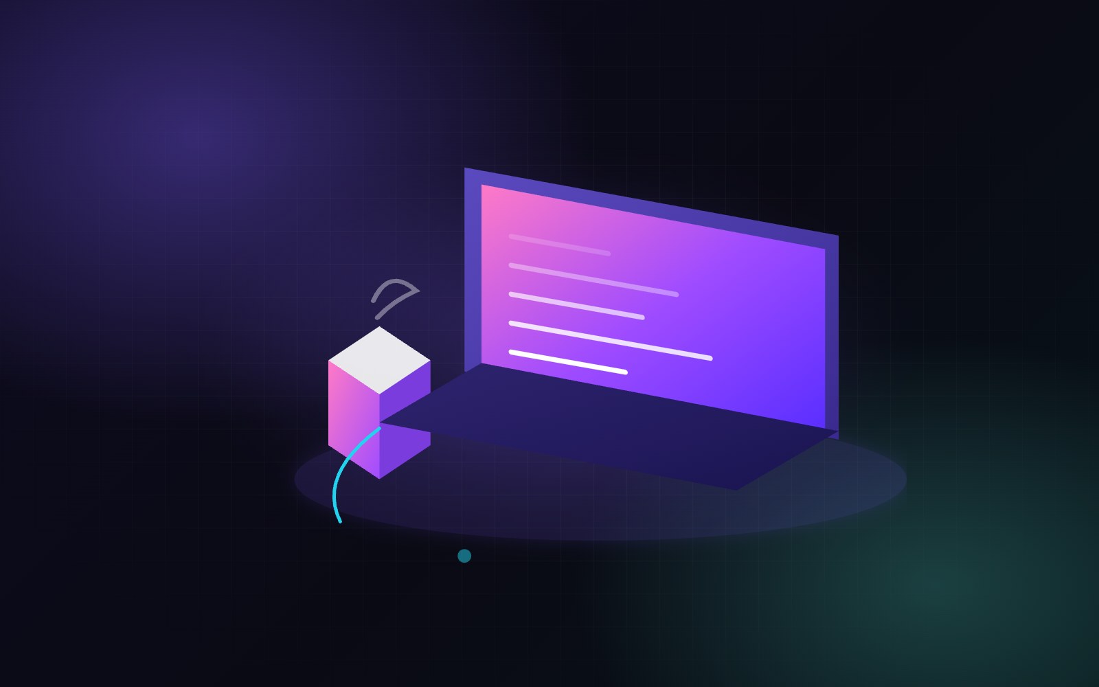 Illustration: an open laptop with lines of code on the screen and a small cube connected to it by a cable.