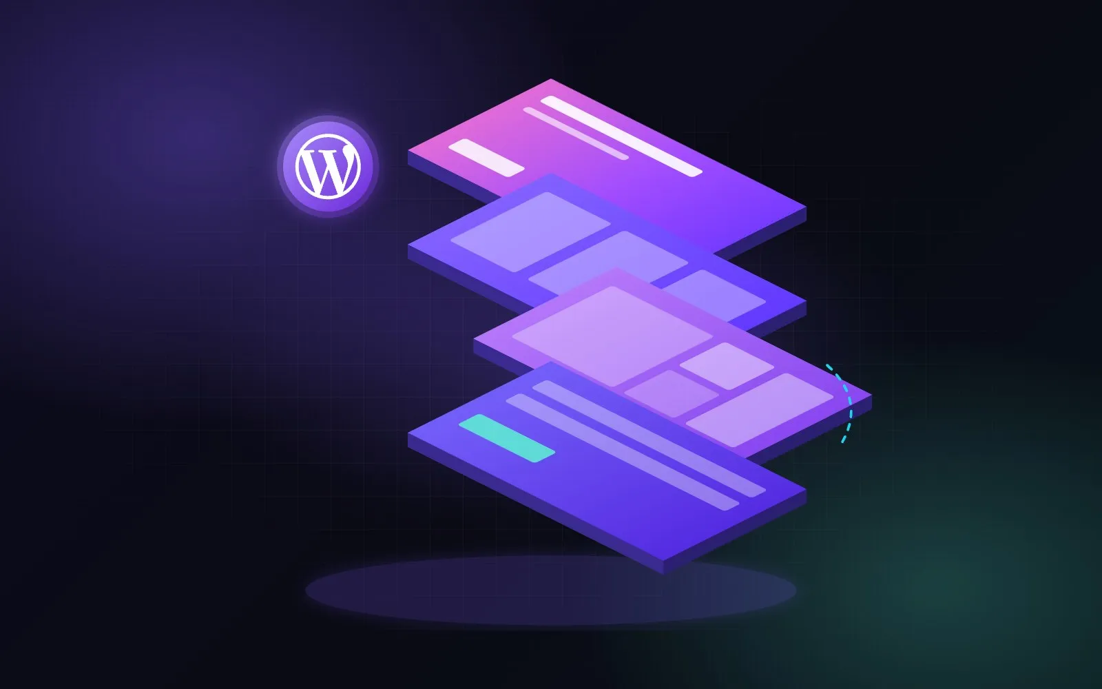 Illustration: four website sections built with ACF Flexible Content, stacked like layers, one sliding into place, next to the WordPress logo.