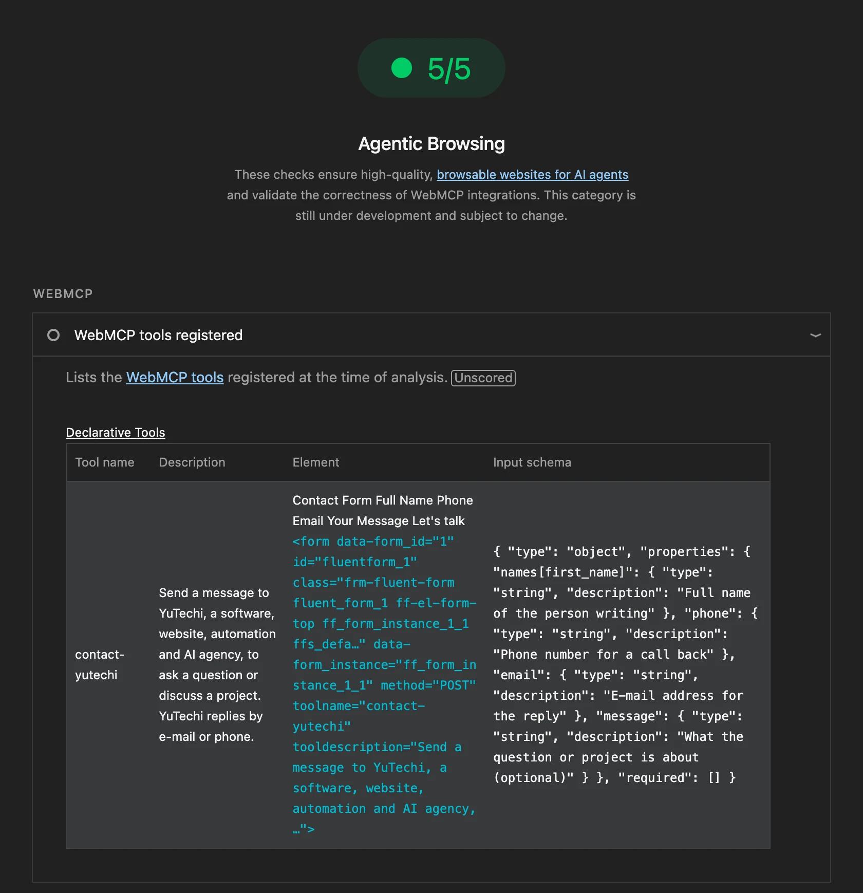 Lighthouse Agentic Browsing: our contact form registered as the WebMCP tool contact-yutechi