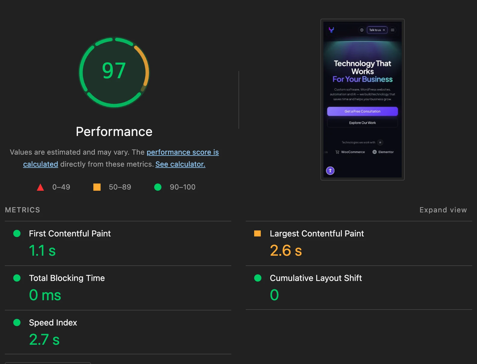 Lighthouse score metrics of our home page on a phone: FCP, LCP, TBT, CLS and Speed Index