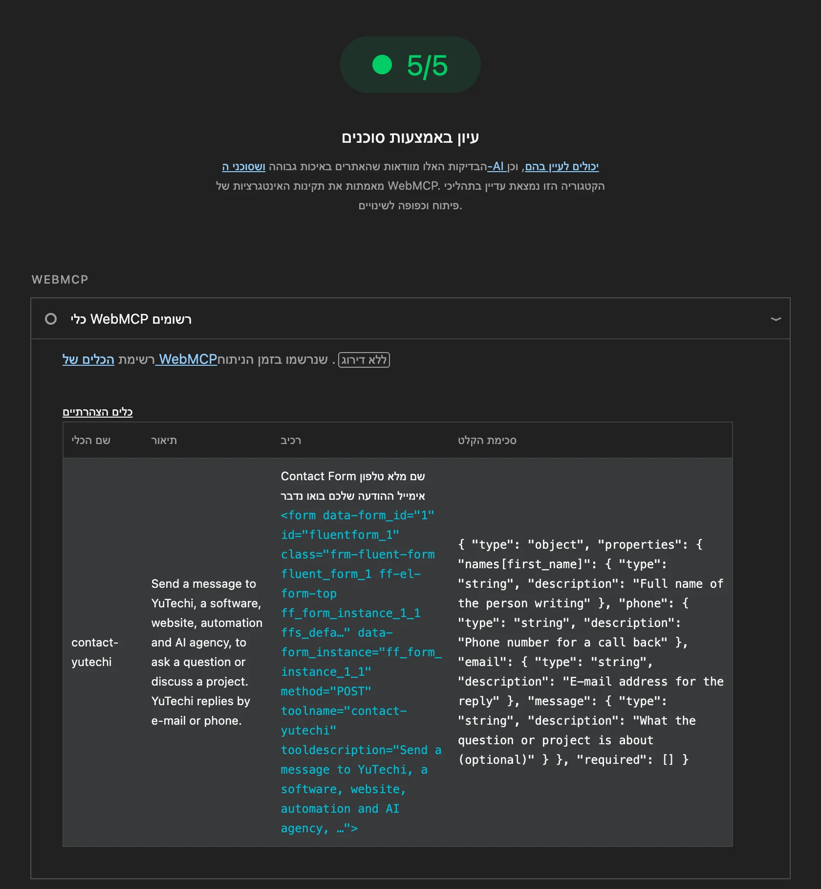 Lighthouse Agentic Browsing: טופס יצירת הקשר שלנו רשום ככלי WebMCP בשם contact-yutechi
