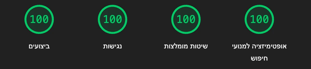 בדיקת מהירות אתר ב-Lighthouse: עמוד הבית שלנו במחשב מקבל 100 בביצועים, בנגישות, בשיטות מומלצות וב-SEO