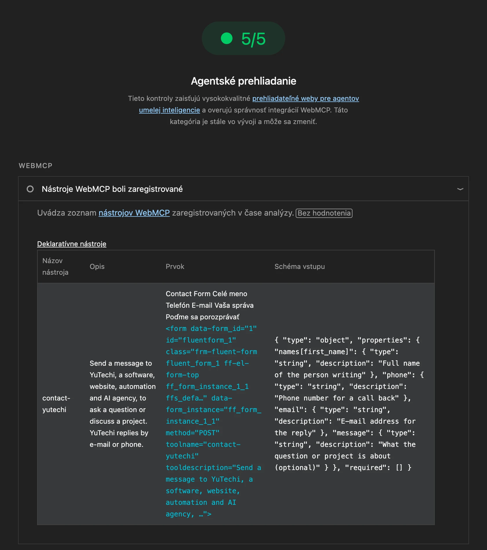 Lighthouse Agentic Browsing: náš kontaktný formulár registrovaný ako nástroj WebMCP contact-yutechi