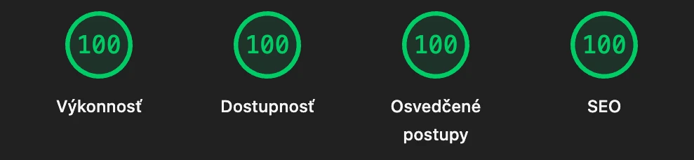 Lighthouse skóre našej domovskej stránky na počítači: 100 za výkon, prístupnosť, osvedčené postupy a SEO