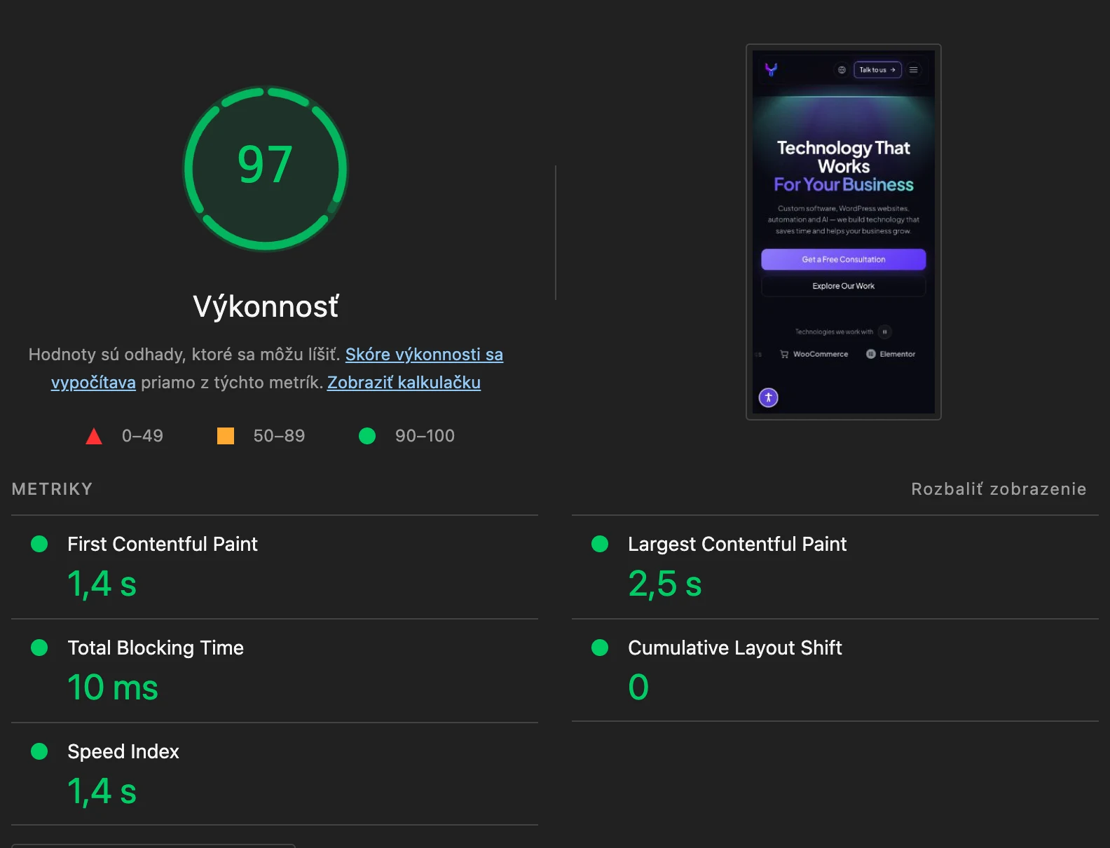 Metriky Lighthouse skóre našej domovskej stránky na telefóne: FCP, LCP, TBT, CLS a Speed Index