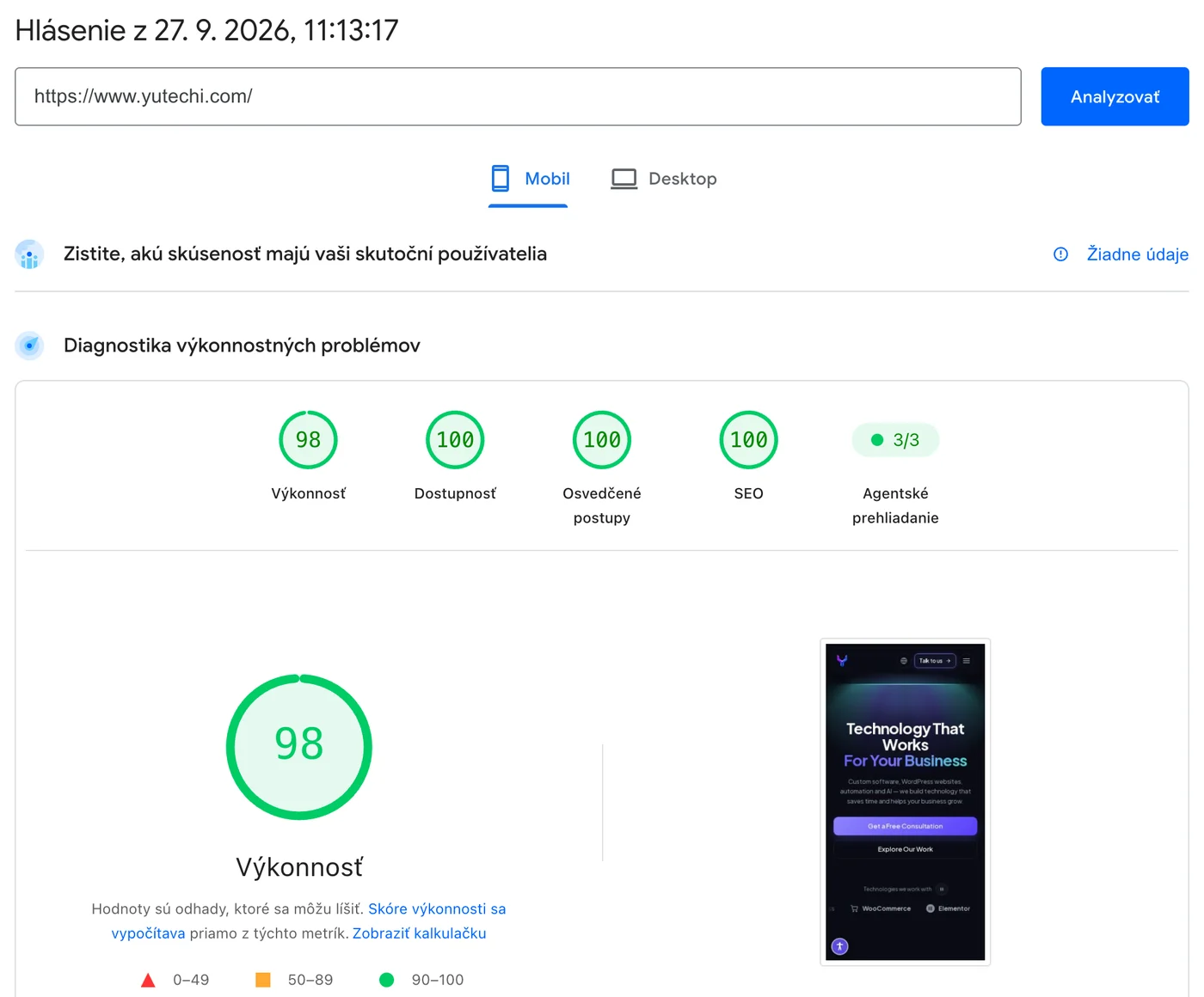 Správa PageSpeed Insights pre yutechi.com